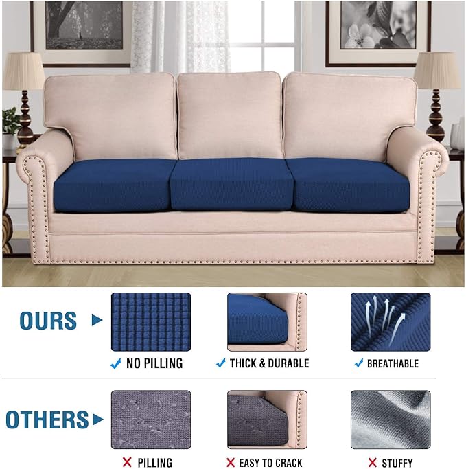 H.VERSAILTEX Super Stretch Individual Seat Cushion Covers - Sofa & Couch Cushion Slipcover Sets - Thick Jacquard Textured Twill Fabric (3 Piece XL Sofa Cushion Covers, Navy)-Ruum Studio Home