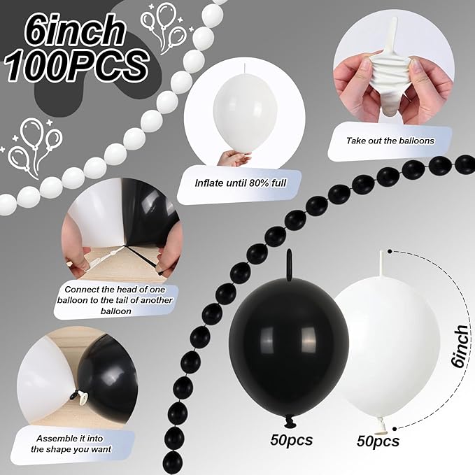 Black and White Quick Link Balloons, 100PCS Latex Linking Balloons for Making Balloon Wall Balloon Arch Balloon Chains and Wedding Birthday Baby Shower Engagement Graduation Party Decorations (6inch)-Ruum Studio Home