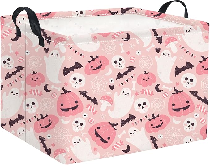 HIYAGON Rectangular Halloween Basket for Boys and Girls Kids Trick or Treat Pumpkin Basket for Halloween Parties Cute Storage Bin Organizer Box Room Decor(Pink ghost pumpkin)-Ruum Studio Home