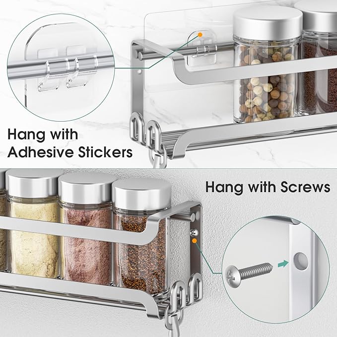 LUCYCAZ 2 Pack Wall Mounted Spice Rack with 16 Hooks, Spice Organizer Shelf for Stove Cabinet Pantry Door,Screw or Adhesive Spice Shelf Hanging Wall Spice Rack in Kitchen and RV (Silver, 2 PACK)