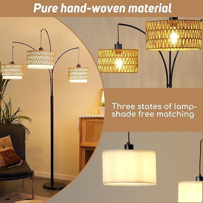 Rattan Floor Lamp for Living Room, 80 Inch Tall Boho Floor Lamp with Rotary Switch, 3 Lights Arc Lamp with Wicker Shade for Coastal,Bohemian,Tree Farmhouse Standing Lamp-Ruum Studio Home