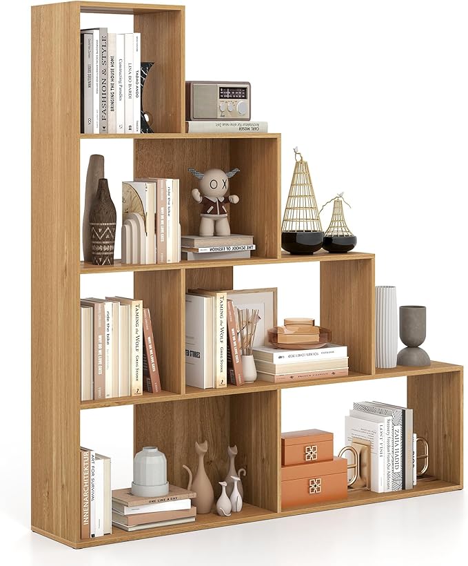 Tangkula 4-Tier Stepped Bookshelf, Freestanding 6 Cubes Ladder Bookcase with Anti-Tipping Kits, 64" Tall Modern Wooden Storage Display Rack for Home Office Living Room Study (1, Natural)-Ruum Studio Home