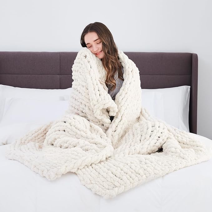 L'AGRATY Chunky Knit Blanket Throw: 72''x84'' Chenille Chunky Knitted Throw Blanket for Bed Couch - Handmade Thick Big Cable Knit Blanket - Large Chunky Crochet Rope Blanket for Home Decor(Ivory)-Ruum Studio Home
