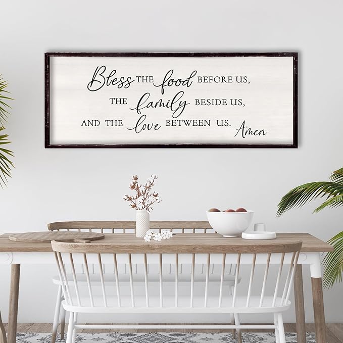 Bless the Food Before Us, the Family Beside Us, and the Love between us Framed Wall Art for Christian God Jesus Christ Prayer, 32''×12'' Positive Holy Religious Rustic Bible Verse for Dining Room-Ruum Studio Home