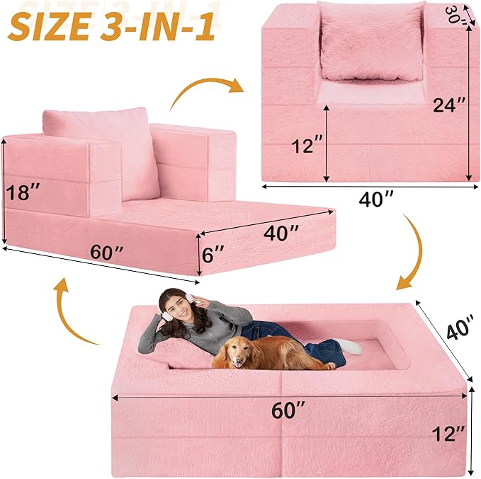 Folding Bean Bag Chair for Adults,3-in-1 Bean Bag Couch Faux Fur Floor Sofa Large Beanbag Convertible Bean Bag Sofa Bed with Pillow in Bedroom,Living Room,Apartment(Twin,Pink)-Ruum Studio Home