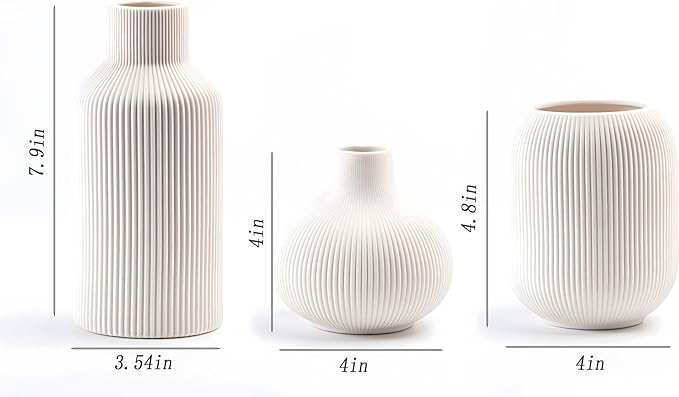 Ceramic Vase Set of 3, Decorative Vases Home Decor Modern Minimalist Pottery Vases for Bouquet Pampas Grass Dried Fresh Flowers, Bookshelf, Living Room, Shelf, Bedroom, Entryway Mantel Decor-White-Ruum Studio Home