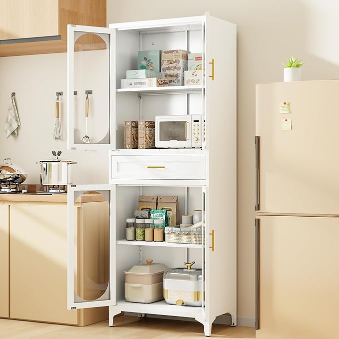 75” Tall Kitchen Pantry Storage Cabinet, Metal Storage Cabinet with 1 Drawer and Adjustable Shelves, Kitchen Pantry Cupboard, Freestanding Cupboard for Bathroom (White-4 Doors and 1 Drawer)-Ruum Studio Home