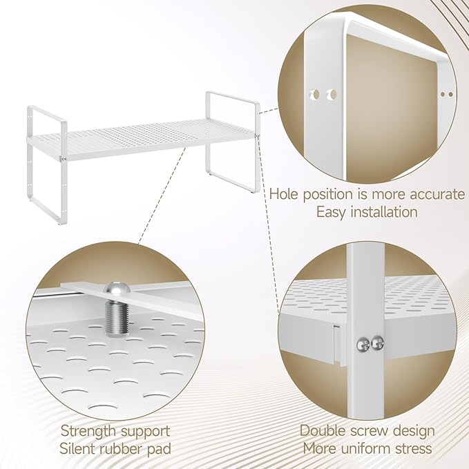 Hole Pattern Expandable Shelf Organizer,1Pack 10.2" Wide Easy to Assemble Cabinet Organizer Shelf, 16.5~27.1" Adjustable Height&Stackable Spice Organization for Cupboard, White-Ruum Studio Home