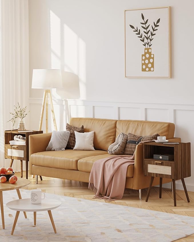 Rattan Nightstand,Modern Bedside Table with Storage Drawer and Open Wood Shelf, for Living Room, Bedroom and Small Spaces, Accent Night Stand with Solid Wood Legs, Easy Assembly,Walnut Brown-Ruum Studio Home