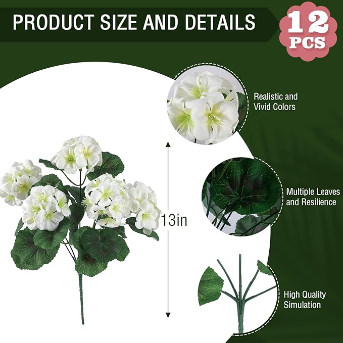 Hananona 12 Pcs Artificial Geranium Flowers for Outdoors Geranium Silk White Flower Outdoor UV Resistant Garden Plants Faux Flowers for Home Kitchen WeddingTable Centerpieces Decor (12, White)-Ruum Studio Home