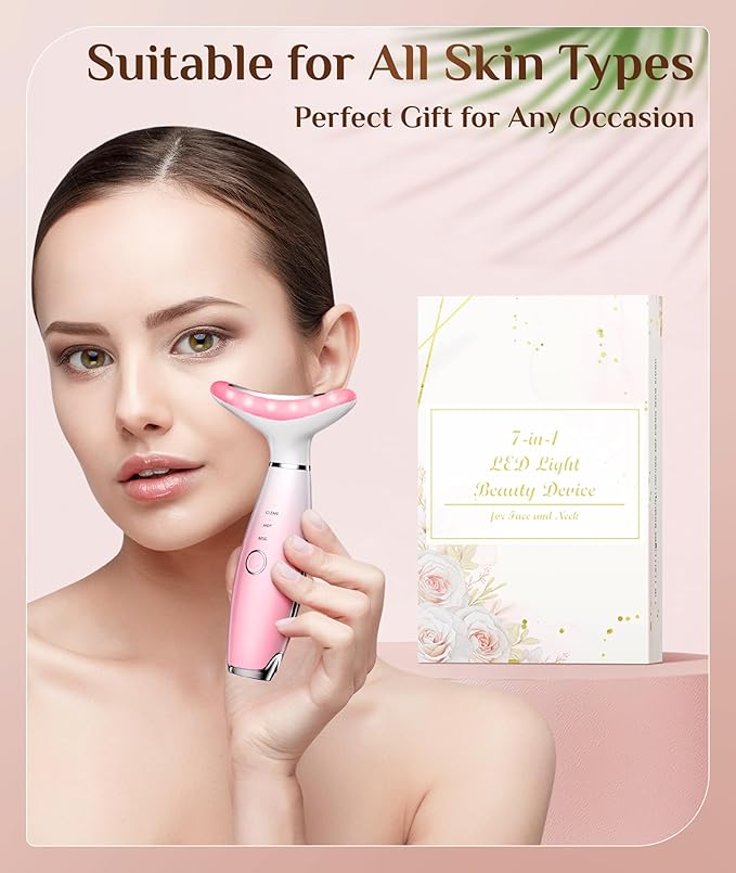 7 Color Galvanic Machines - Red Light Therapy for Face and Neck, Face Massager Tool for Wrinkles, Double Chin, Vibrating Facial Massager with Thermals, Pink-Ruum Studio Home