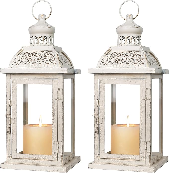 DECORKEY Lantern Decorative Indoor&Outdoor, 2 Pack 14.4'' Large Metal Candle Lanterns, Vintage Hanging Candle Holders for Farmhouse Wedding Front Porch Patio, Halloween Christmas Decorations for Home-Ruum Studio Home