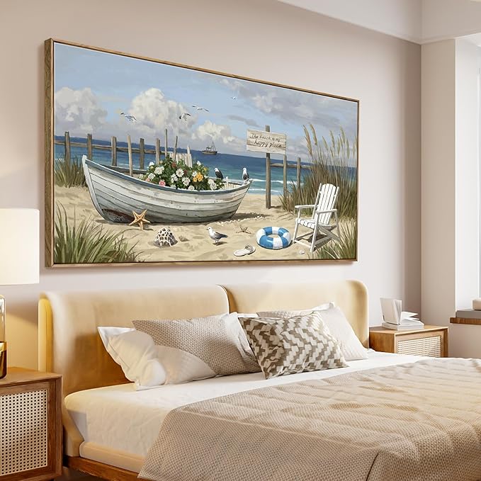 amatop Giant Framed Beach Wall Art Large Nautical Seaside Canvas Print Flower Boat Ocean Horizontal Landscape Picture Sea Birds Artwork for Coastal Farmhouse Living Room Bedroom Office Decor 58×29 Inch-Ruum Studio Home