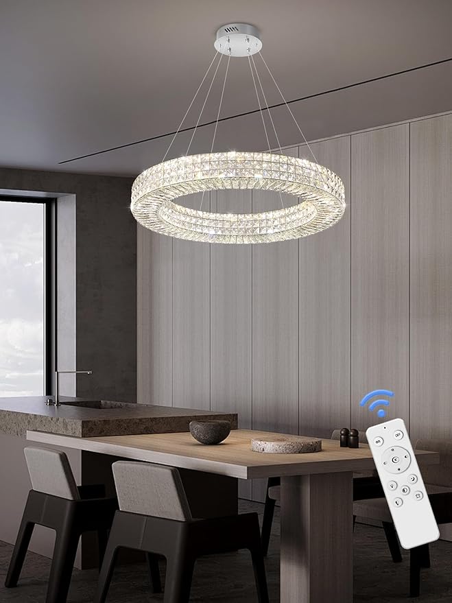 Dia 32" Ring Crystal Chandelier Modern Silver Ring Chandelier Adjustable Height Luxury Crystal Pendant Ceiling Light Fixture for Dining Living Room Bedroom-Ruum Studio Home