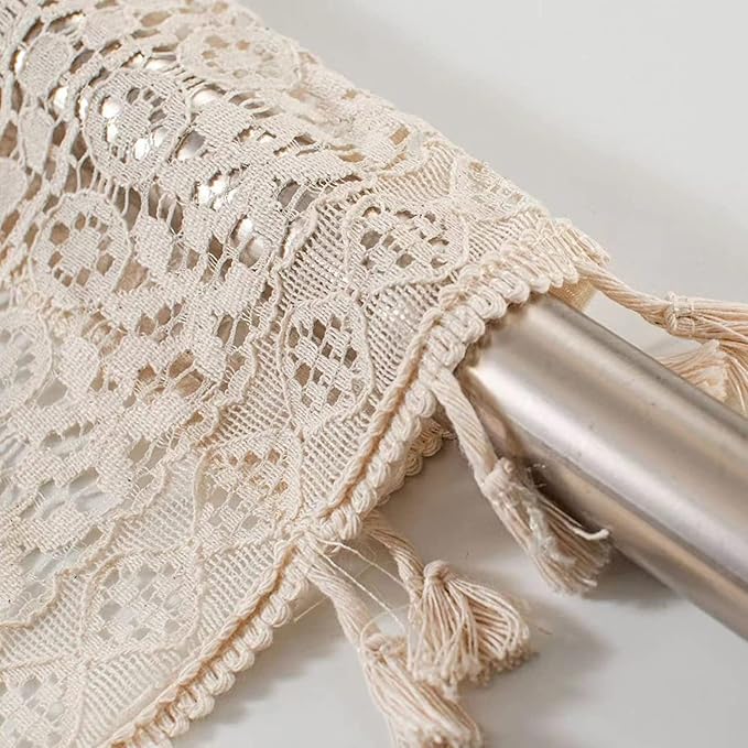 Sutuo Home Boho Sheer Curtain Valance Crochet Lace with Bohemian Hollow Knitted Handmade Tassels, Short Farmhouse Window Treatment for Kitchen Cafe, Rod Pocket, 1 Panel 59" W x 18" L, Beige-Ruum Studio Home