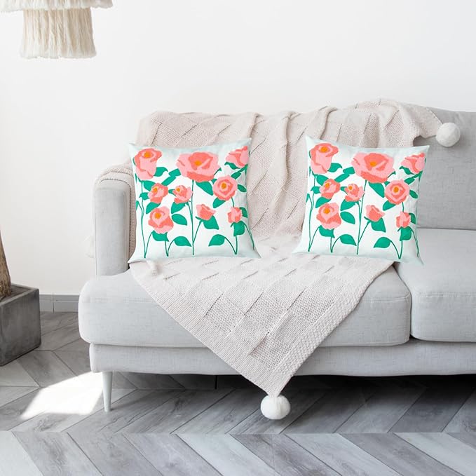 Embroidered Decorative Throw Pillow Cover, 18"x18" Set of 2, Farmhouse Pillowcase Pink Rose Knit Pattern Cotton Canvas Cushion Case Square Floral Pillow Case for Sofa Couch Bed Living Room…-Ruum Studio Home