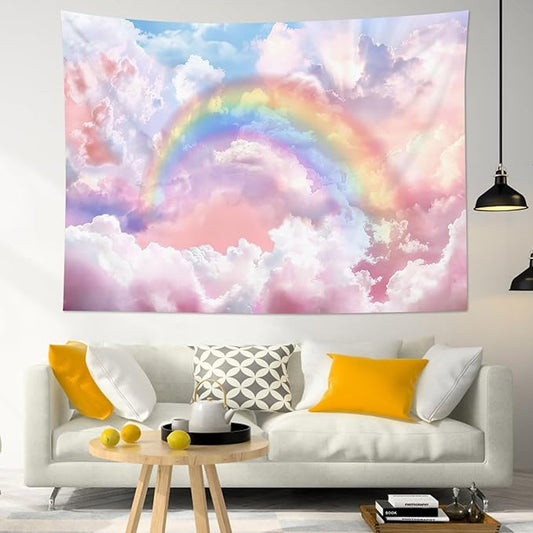 HVEST Rainbow Cloud Tapestry Wall Hanging - Rainbow and Pink Cloud With Glow Sunshine in Pastel Sky, Aesthetic Nature Landscape for Living Room Bedroom Decor, 59x51 Inches-Ruum Studio Home