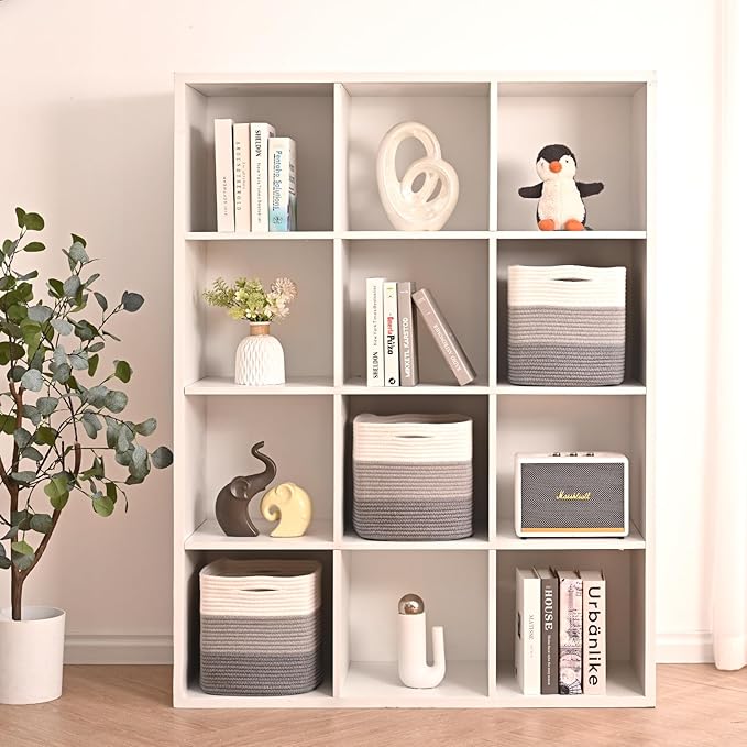 11 Inch Cube Storage Bins, Storage Cube Organizer Bins, Woven Cotton Rope Basket for Storage, Storage Baskets for Organizing Shelves, Grey Baskets for Toys, Gradient Grey (Pack of 3)-Ruum Studio Home