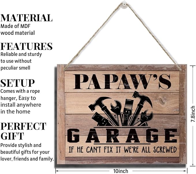 Rustic Sign, Father's Day Gift, Dad's Gift, Grandpa's Gift, Decor Hanging Wood Signs, Printed Wood Wall Art Sign, Papaw's Garage, If He Can't Fix It We're All Screwed, Vintage Sign Gift for Grandpa-Ruum Studio Home