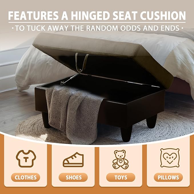 Ottoman Rectangular Storage Ottoman Bench, Flannel Footrest Stool Footstool with Lid for Living Room, Bedroom, Entryway, Taupe&Black, 35"x23.5"x17.5"-Ruum Studio Home