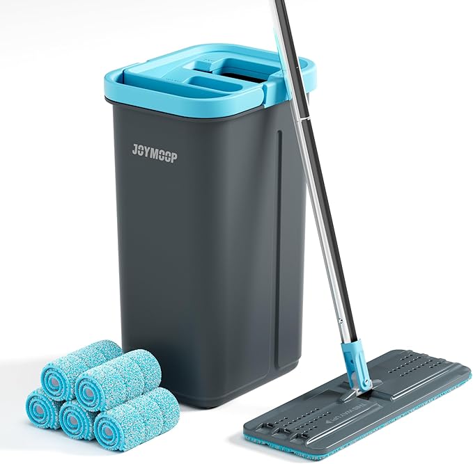 JOYMOOP Mop and Bucket Set with Wringer, with 5 Reusable Microfiber Mop Pads, Mops for Floor Cleaning and Wall Cleaning, Hands-Free Flat Mop for Home Use - Grey+Cyan Blue-Ruum Studio Home