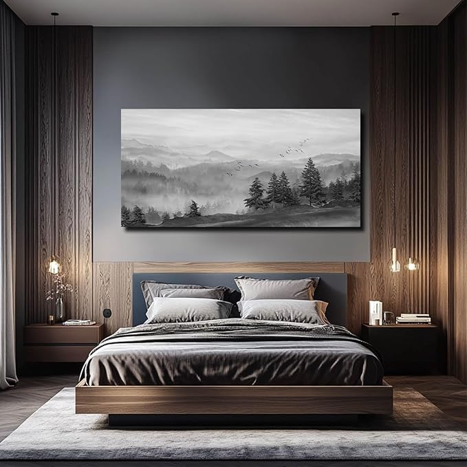 SOUGUAN Grey Wall Decor Foggy Mountain Wall Art Tree and Bird Pictures Artwork for Walls Living Room for Bedroom Kitchen Dining Room Home Office 30x60 Inch-Ruum Studio Home