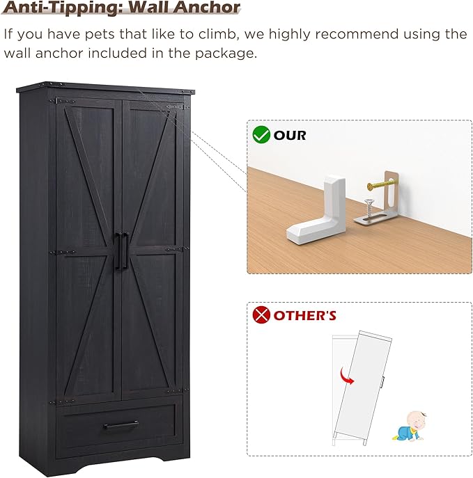 72" Tall Wood Storage Cabinet, Farmhouse Kitchen Pantry Cabinet with Adjustable Shelves & Drawer & Barn Doors, Versatile Storage for Kitchen, Dining Room, Bathroom, Black-Ruum Studio Home