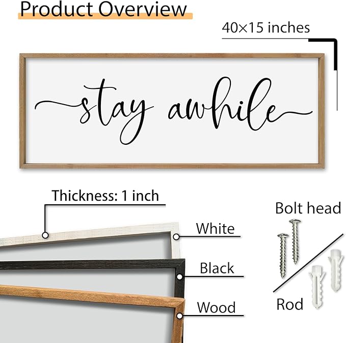 SRSZHIYUE Stay Awhile Sign Wall Decor Art 40"×15" Home Entryway Hallway Signs Large Wood Framed Wall Hanging (Wood)-Ruum Studio Home