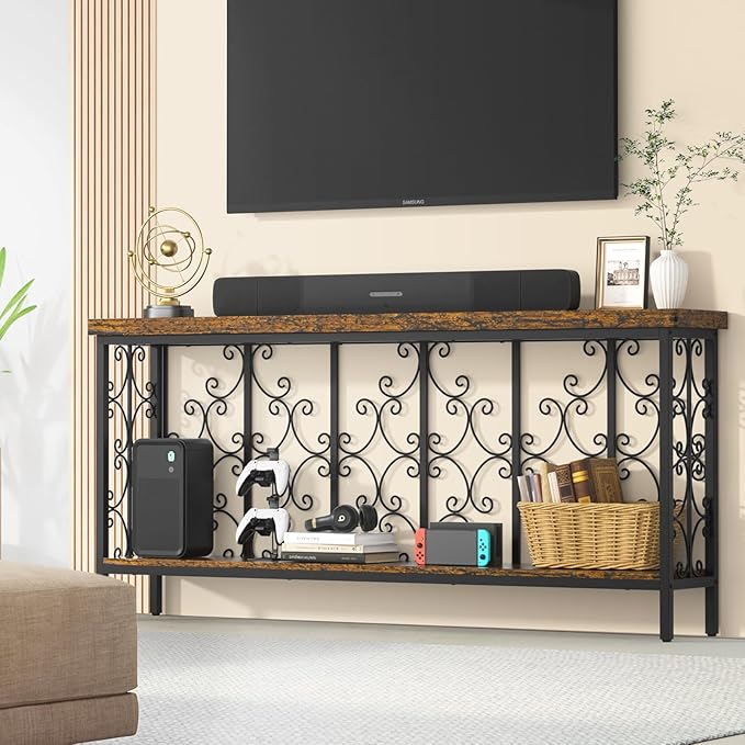 ikkle 70.9" Extra Long Console Table, Industrial Narrow Sofa Table Behind Couch with 2 Tier Storage Shelf, Entryway Hallway Accent Table for Living Room, Foyer, Rustic Brown-Ruum Studio Home