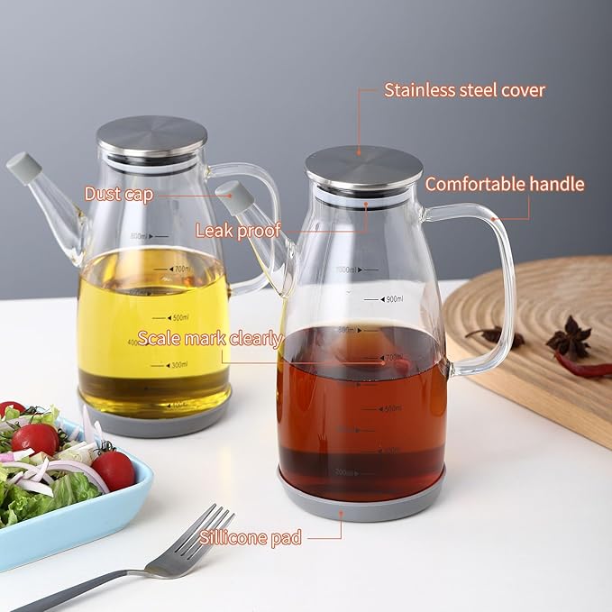 Large Glass Oil Dispenser Bottle for Kitchen Cooking Recipiente Para Aceite De Cocina Olive Oil Vinegar Dispenser Cruet Stainless Steel Lid No Drip Liquid Container (Clear, 34oz /1000ml)-Ruum Studio Home