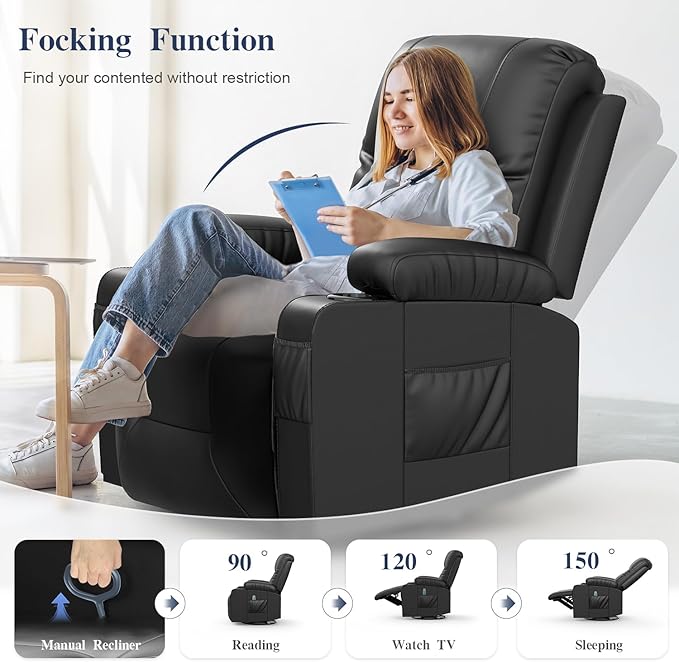 Recliner Chairs for Adults, FSC Certified Massage Rocker with Heated Modern Ergonomic Lounge 360 Degree Swivel Single Sofa Seat Living Room Lounge Recliners Black-Ruum Studio Home