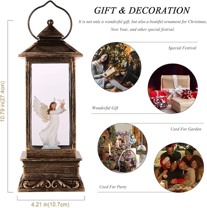 Christmas Decorations Snow Globe Lantern,Christmas Lantern with 8 Christmas Theme Music,Christmas Snow Globe Gifts Water Glittering Swirling Christmas Home Decoration（Dove Angel）-Ruum Studio Home