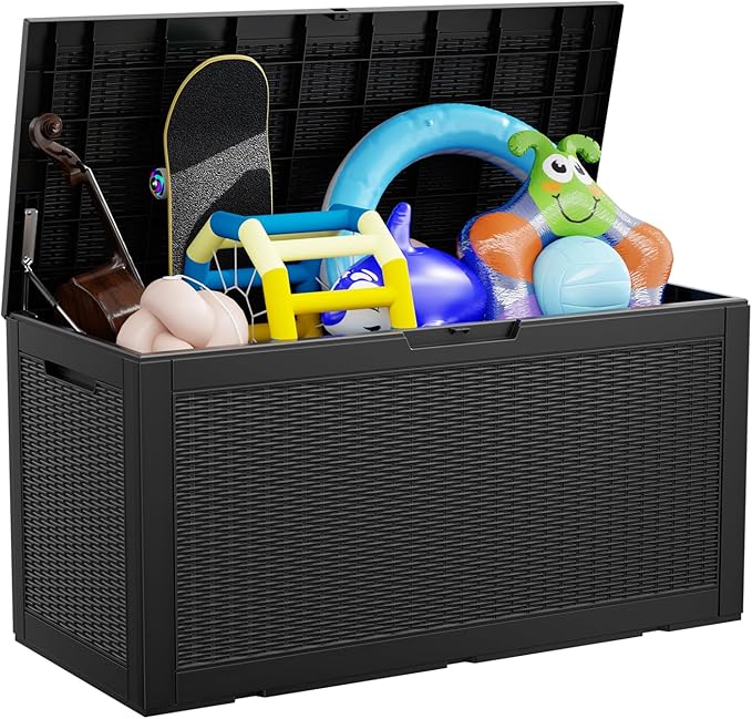 100 Gallon Deck Box,Resin Outdoor Storage Box with Lockable for Patio Furniture, Pool Accessories, Garden Tools Waterproof Outside Storage Box, Black-Ruum Studio Home