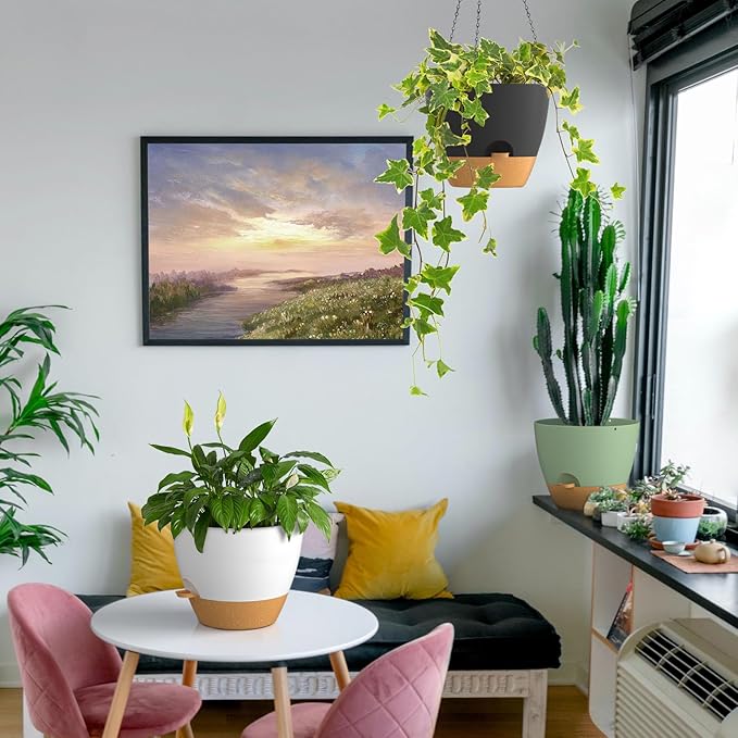 ZMTECH 12 Inch Hanging Planters for Indoor Outdoor Plants, 1 Pack Self Watering Hanging Plant Pots with Drainage Holes and Removable Saucer, Plastic Flower Hanging Pots with Watering Lip (Green)-Ruum Studio Home