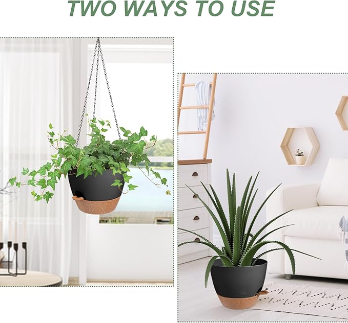 Hanging Planters for Indoor Outdoor Plants, 1 Set Self Watering Hanging Pot with Drainage Holes & Removable Tray (Black-12inch, 12'')-Ruum Studio Home