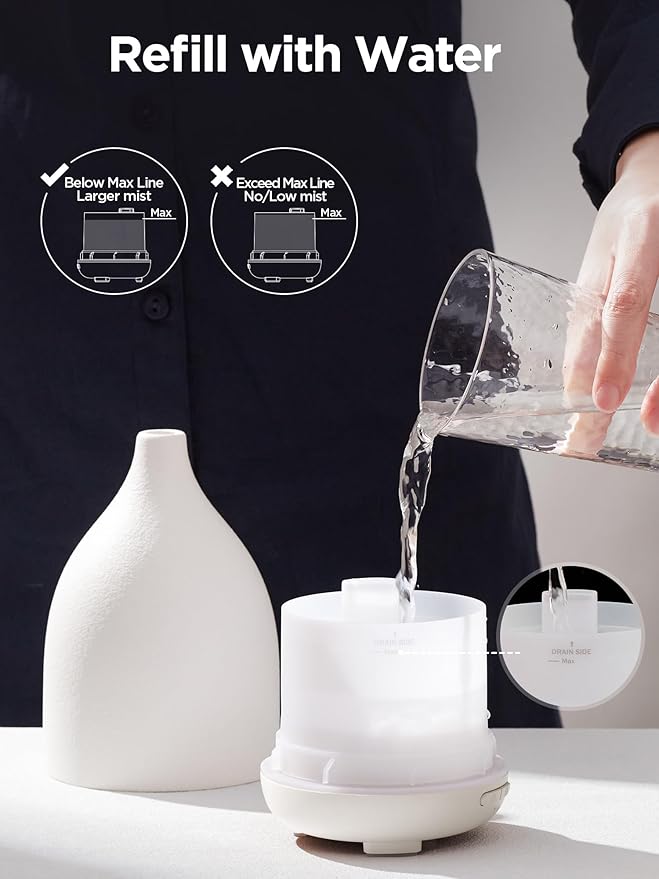 InnoGear Oil Diffuser, 150ML Ceramic Diffuser for Essential Oils Handcrafted Aromatherapy Diffuser Ultrasonic Cool Mist Humidifier with 2 Mist Modes Waterless Auto Off for Room Office, White Base-Ruum Studio Home
