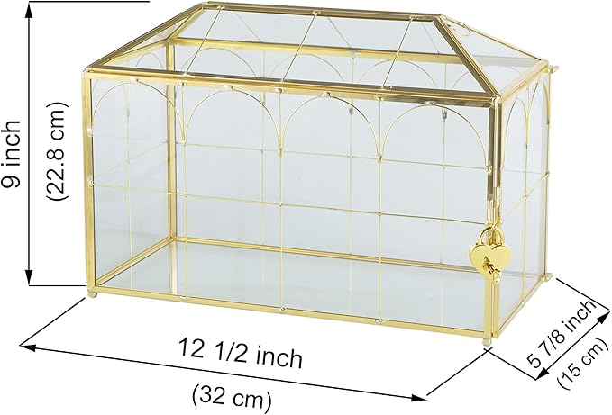 Glass Wedding Card Box with Slot, 12.6 inch Large Clear Card Box Gold Brass Gift Card Storage Box with Lock for Wedding Receptions, Baby Shower, Birthday Party, Bridal Shower-Ruum Studio Home