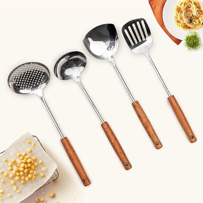 FJNATINH Stainless Steel Wok Tools Set,Wok Utensil - Wok Spatula,Turner,Ladle,Skimmer Tool Set,Mirror Polished Stainless Steel Cooking Utensils 14.6-15.2" Kitchen Utensils Cookware, Pack of 4-Ruum Studio Home