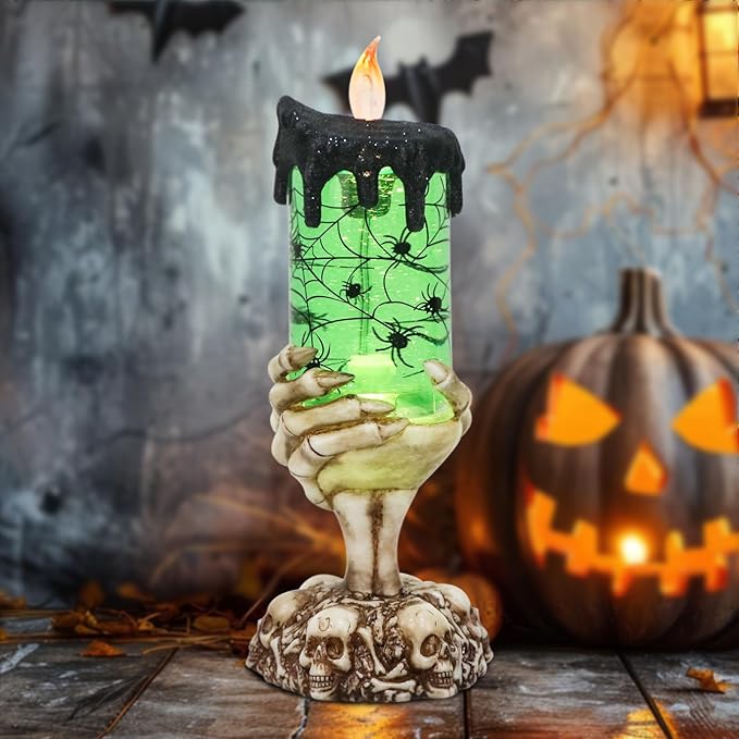 Eldnacele Halloween Snow Globe Candles Lighted Lamp USB Powered Battery Operated Spooky Spinning Water Glittering Tornado Flameless Candles Skeleton Hand Holder Halloween Centerpiece Decor(Spider)-Ruum Studio Home