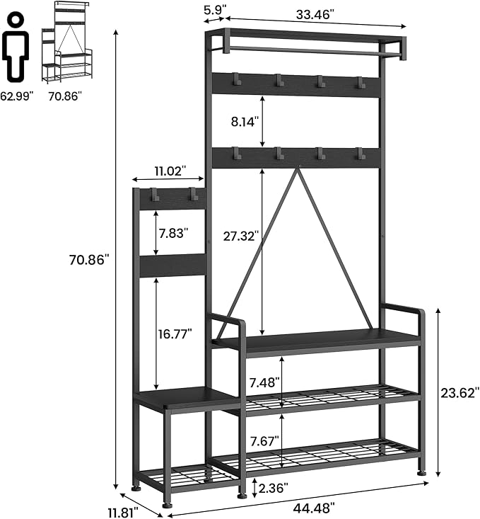 IDEALHOUSE Parent-Child Coat Rack Shoe Bench Hall Tree with Bench and Shoe Storage Industrial Coat Tree Entryway Large Organizer with Shoe Rack, Storage Cubbies, Hooks, and Top Shelf-Ruum Studio Home