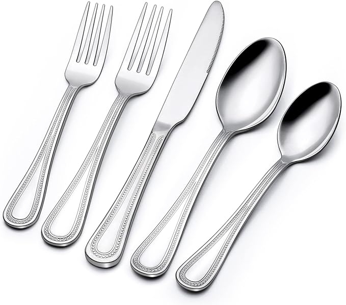 40 Piece Silverware Set for 8, Terlulu Stainless Steel Flatware Set, Mirror Polished Cutlery Set Utensil Set, Tableware Include Forks Spoons Knives for Home Restaurant, Beaded Handle, Dishwasher Safe-Ruum Studio Home