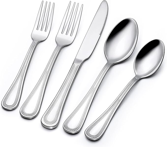 60-Piece Silverware Set for 12, Stainless Steel Flatware, Mirror Polished Cutlery Set, Utensils Include Spoons, Forks, Knives for Home, Restaurant, Beaded Handle, Dishwasher Safe-Ruum Studio Home