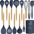 Silicone Cooking Utensils Set - 446°F Heat Resistant Silicone Kitchen Utensils for Cooking,Kitchen Utensil Spatula Set w Wooden Handles and Holder, BPA FREE Gadgets for Non-Stick Cookware (Navy Blue)-Ruum Studio Home