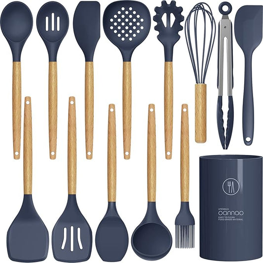 Silicone Cooking Utensils Set - 446°F Heat Resistant Silicone Kitchen Utensils for Cooking,Kitchen Utensil Spatula Set w Wooden Handles and Holder, BPA FREE Gadgets for Non-Stick Cookware (Navy Blue)-Ruum Studio Home
