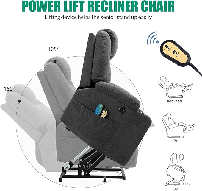 VIVIJASON Power Lift Chair Electric Recliner for Elderly Heated Vibration Massage Fabric Recliner Chair with 2 Remote Controls, Cup Holders, Side Pockets & USB Ports for Living Room (Grey)-Ruum Studio Home