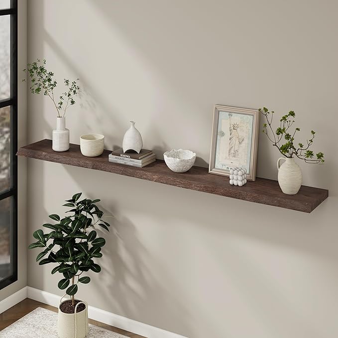 Floating Shelves for Wall, 72"x9.3" Rustic Solid Live-Edge Elm Wood Wall Shelves, Heavy-Duty Floating Shelves with Invisible Brackets, Set of 2 for Living Room, Bedroom, and Kitchen, Grey Finish-Ruum Studio Home
