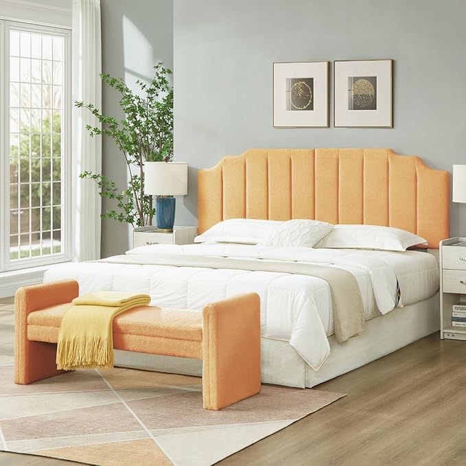 24KF Yellow Teddy Fabric Tufted King Upholstered Headboard, Modern Vertical Channel Design California King Headboard with Stepped Silhouette Top Edge,6026-K-Teddy Yellow-Ruum Studio Home