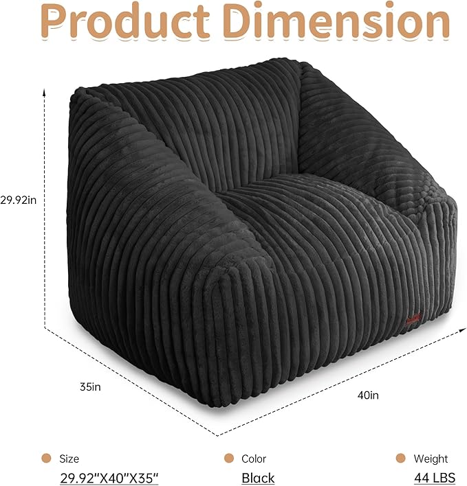 HABUTWAY Bean Bag Chair, Giant Bean Bag Chairs for Adults and Kids, Bean Bag Sofa, Lazy Floor Sofa, Faux Fur Beanbag Chair with Armrests for Living Room Bedroom (Black)-Ruum Studio Home