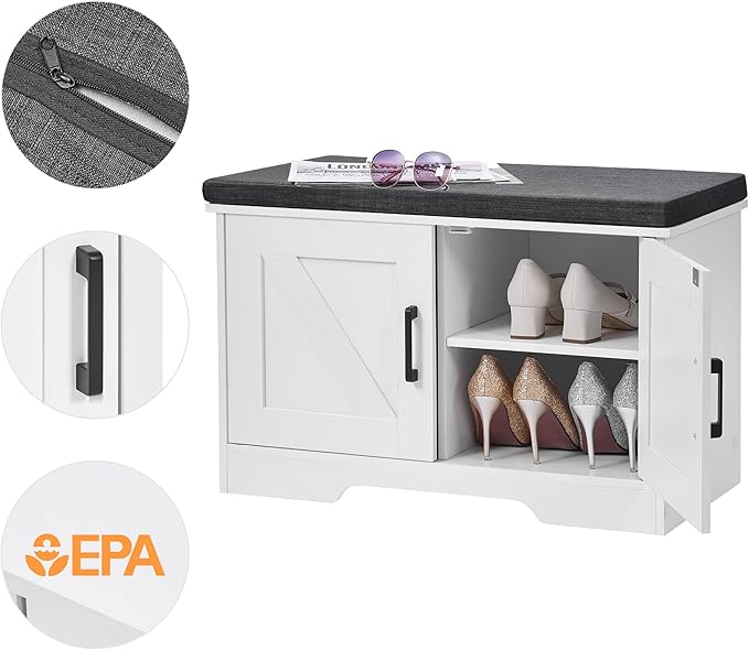 2-Tier Storage Bench, Shoe Bench with Padded Seat Cushion, Entryway Bench with 2 Barn Doors, Adjustable Shelf, 13.8" D x 27.6" W x 17.7" H, for Entryway, Living Room, Bedroom, White-Ruum Studio Home