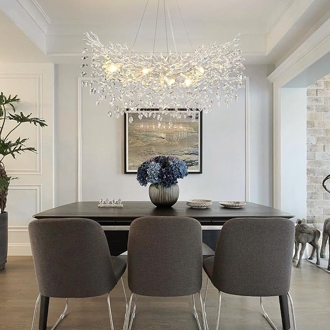 Modern Crystal Silver Chandelier, 36" Large Rectangular Oval Tree Branch Crystal Chandeliers for Dining Room,16-Light Flush Mount K9 Crystal Chandeliers, for Kitchen Island,Dining Room-Ruum Studio Home